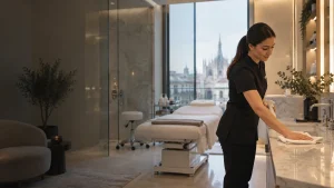addetta alle pulizie in una cabina di un centro estetico a Milano