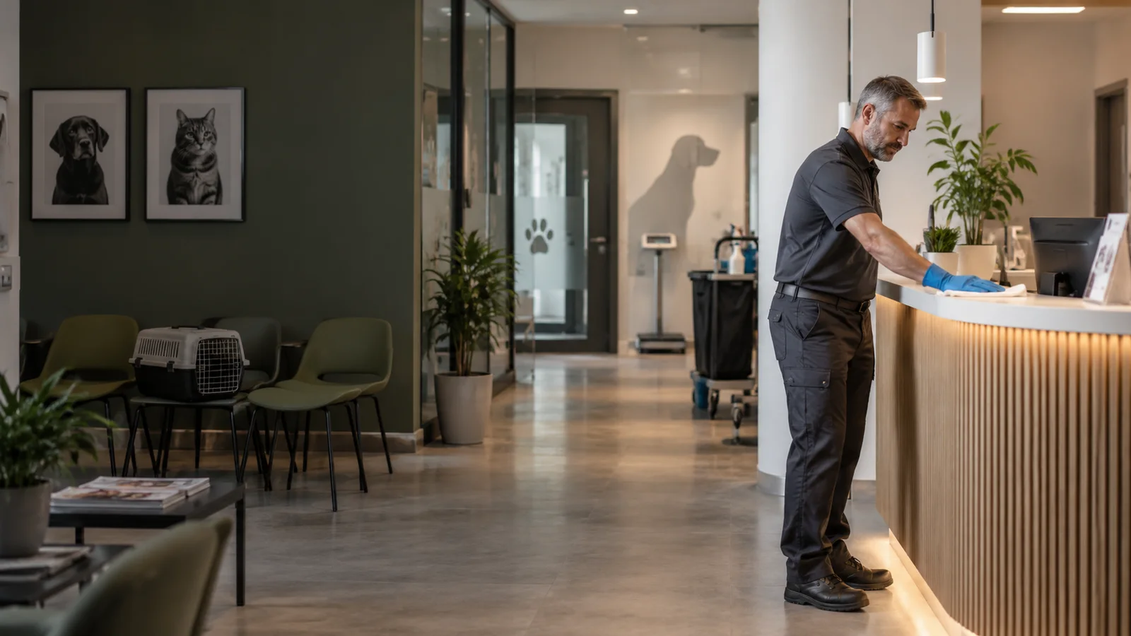 operatore pulisce la reception di una clinica veterinaria a Milano
