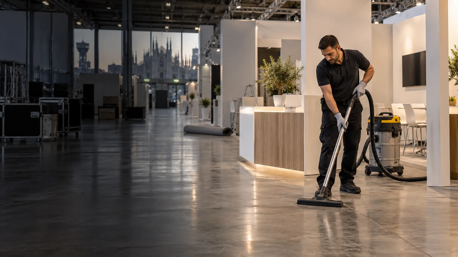operatore pulisce uno stand espositivo dopo una fiera a Milano