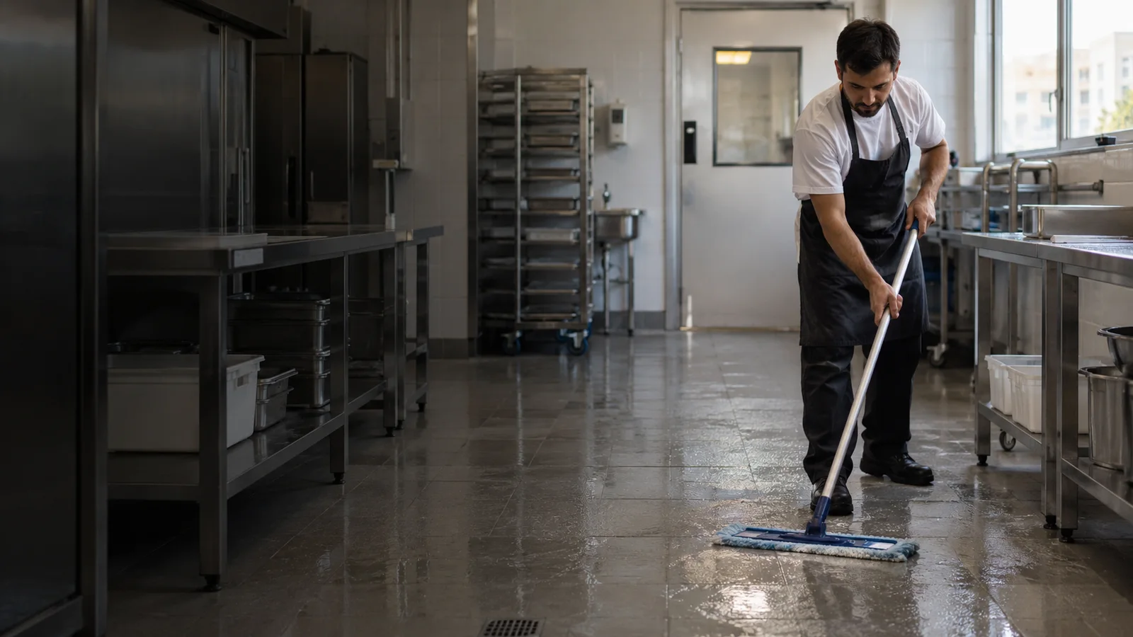 operatore pulisce il pavimento di un laboratorio alimentare a Milano