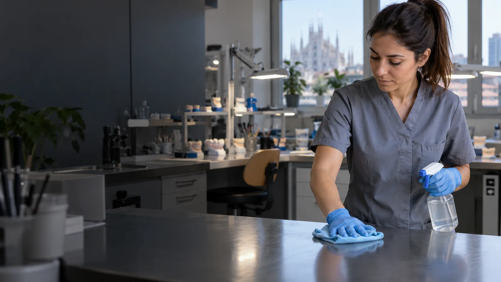 addetta pulisce una superficie periferica in laboratorio odontotecnico a Milano