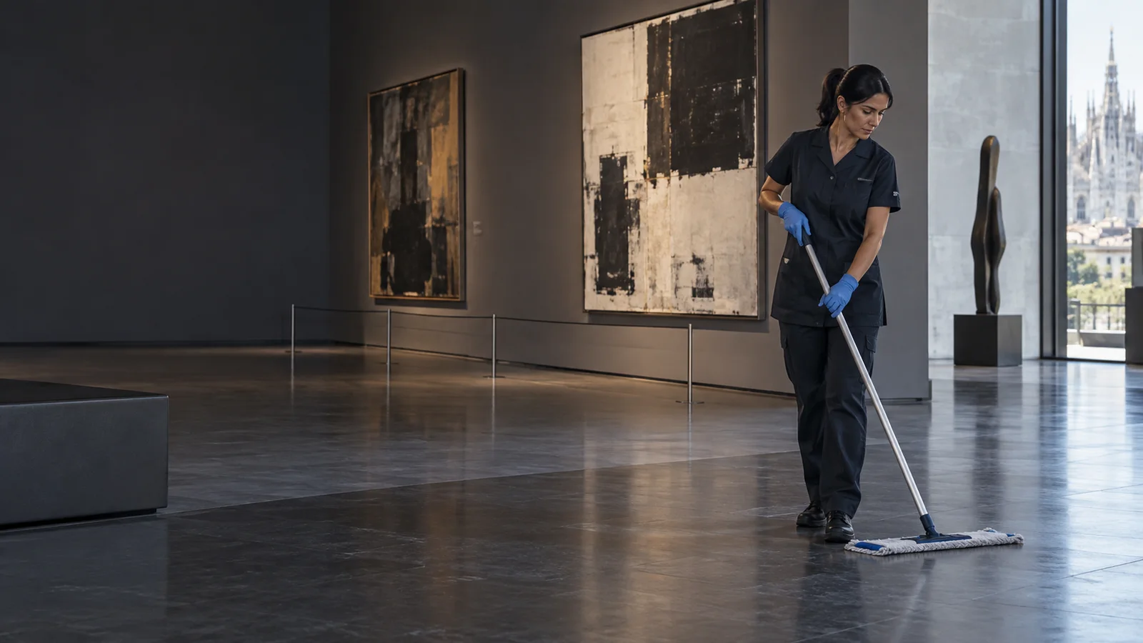 addetta pulisce il percorso visitatori di una galleria d'arte a Milano