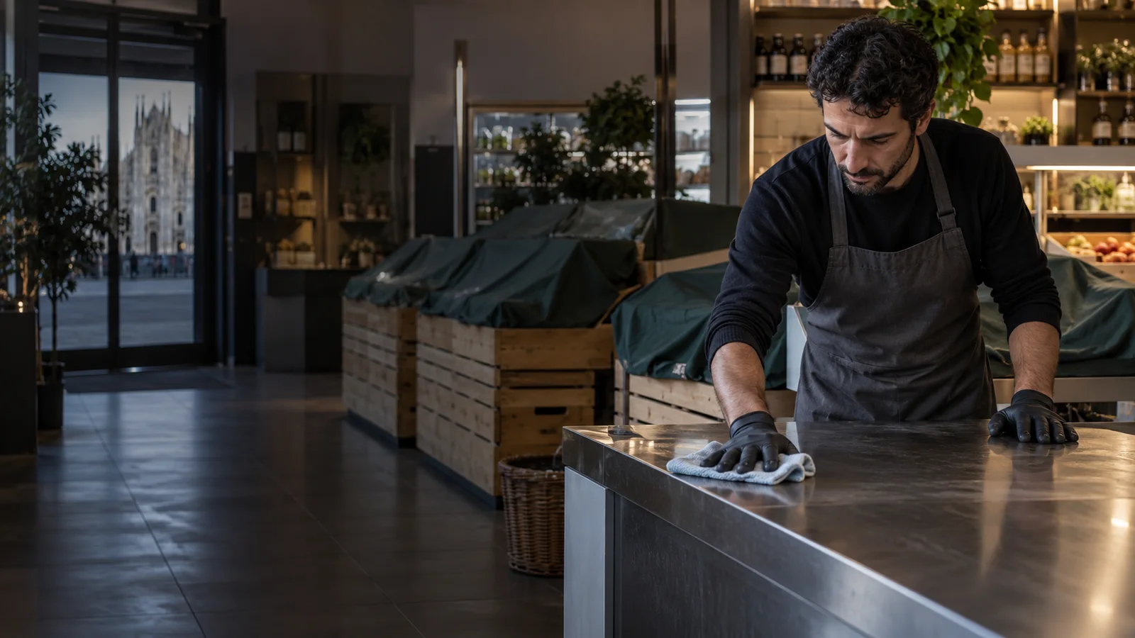 operatore pulisce un banco autorizzato di un alimentari a Milano