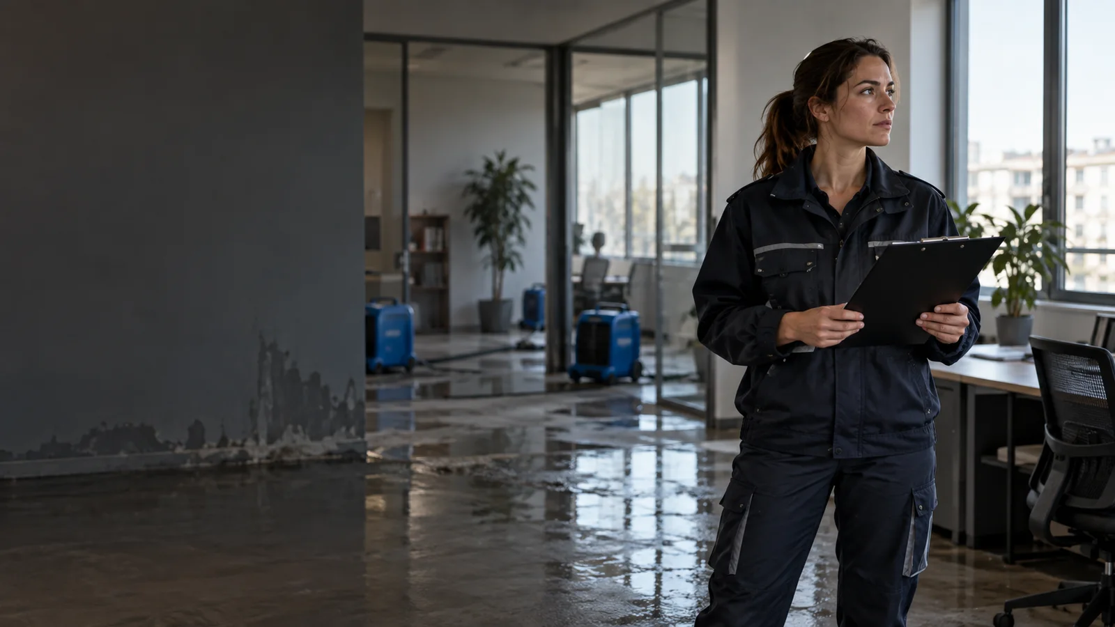 professionista valuta un locale danneggiato dall'acqua a Milano