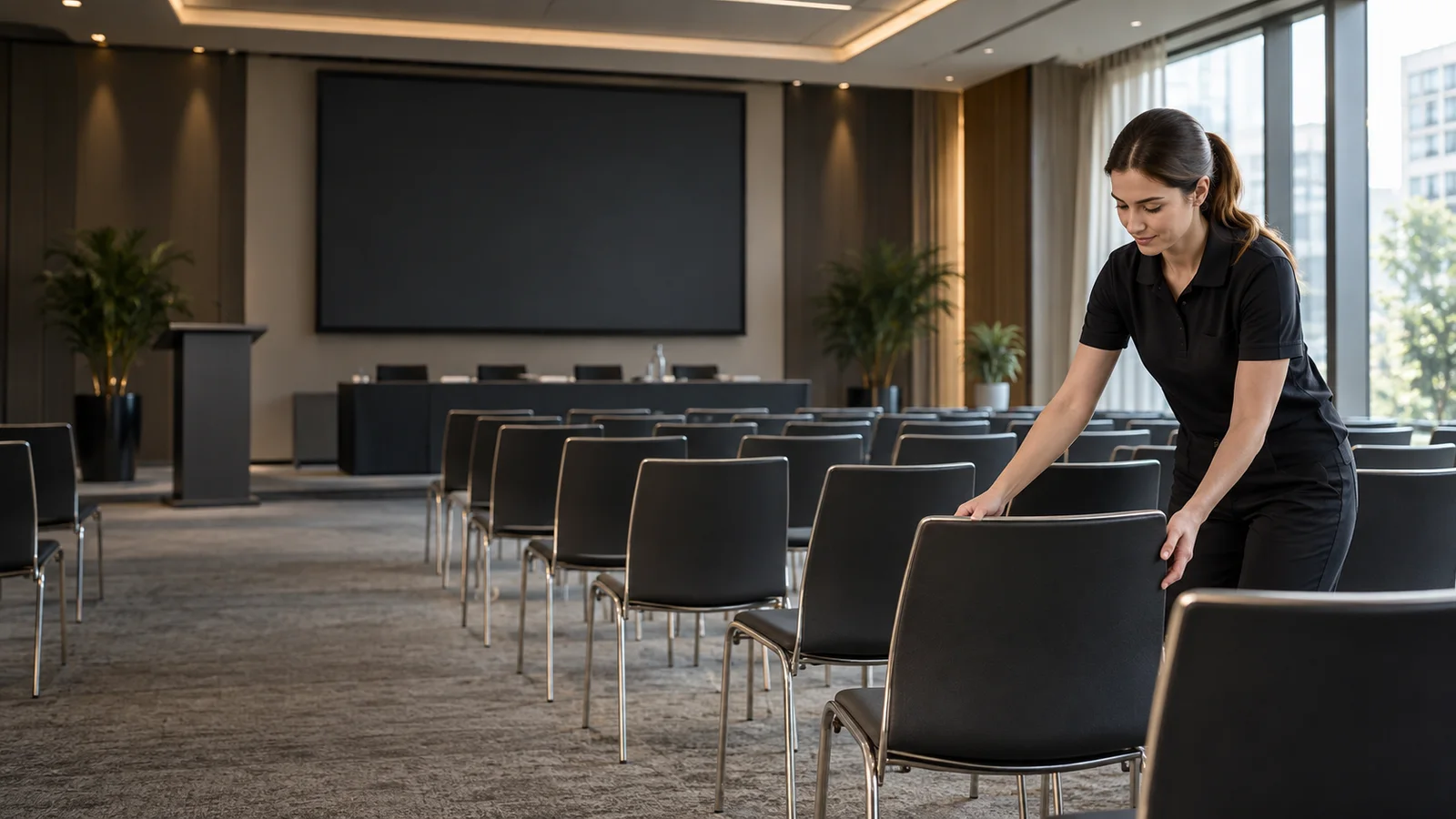 addetta prepara una sala conferenze a Milano prima dell'inizio