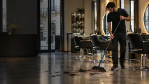 operatore raccoglie capelli dal pavimento di un salone a Milano