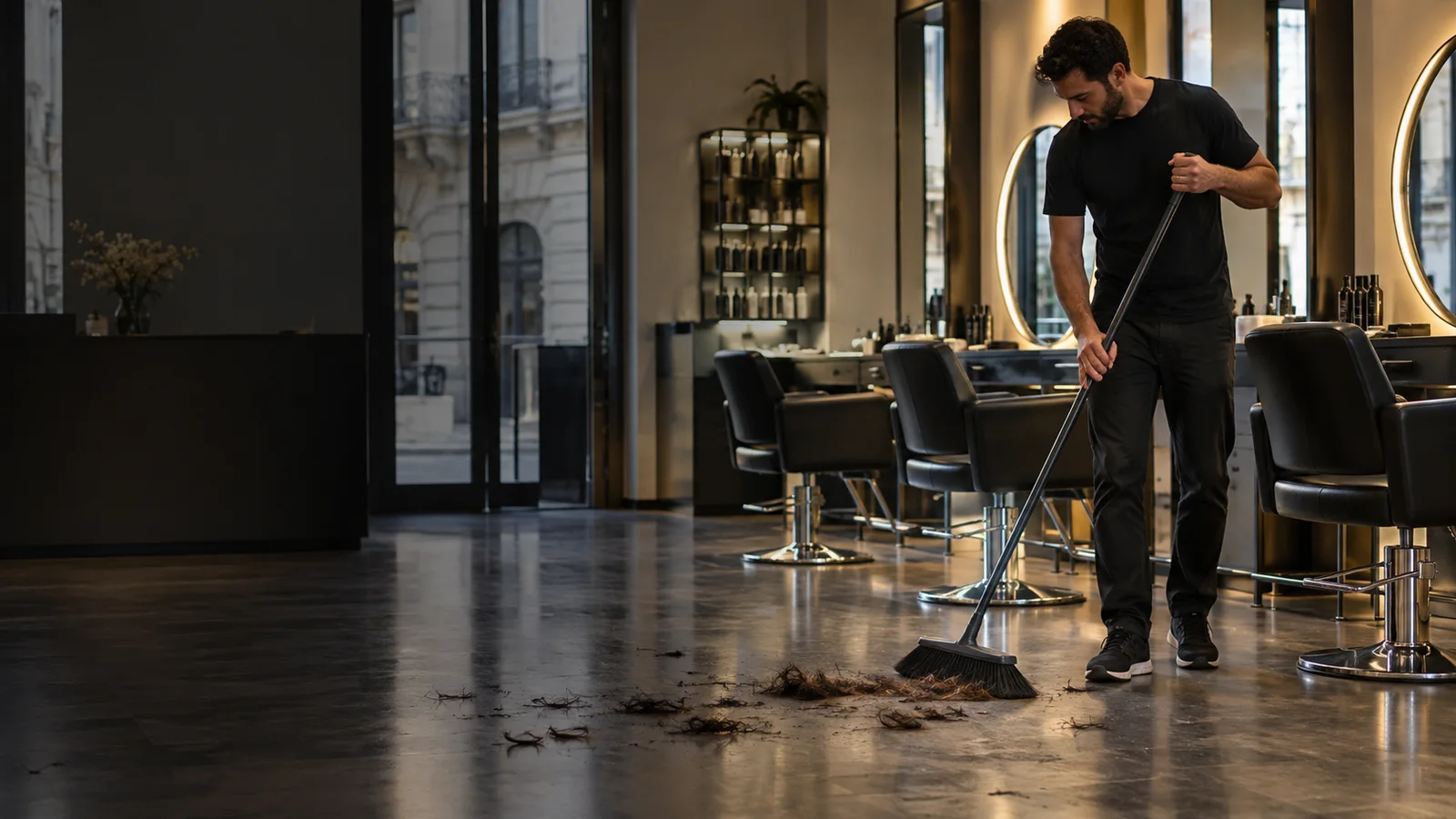 operatore raccoglie capelli dal pavimento di un salone a Milano