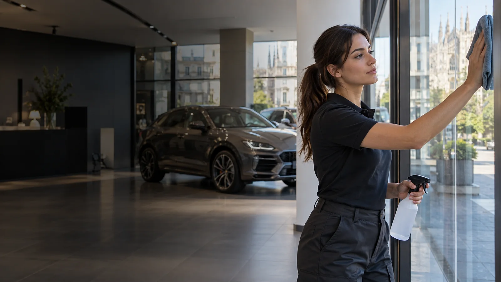 addetta pulisce la vetrata di uno showroom auto a Milano