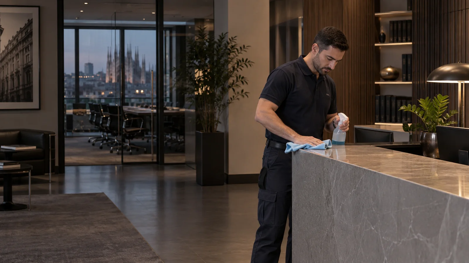 operatore pulisce il banco reception di uno studio professionale a Milano